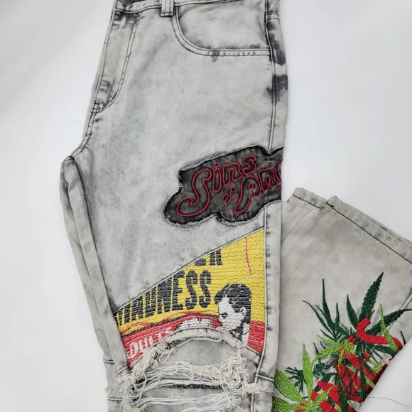 High Times Mens Graphic Printed Distressed Ribbed Moto Jeans White Wash/32/NWT